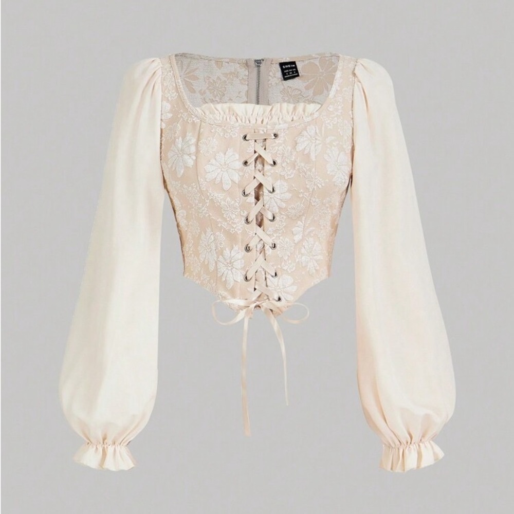 Floral Coquette Milkmaid Blouse Crop Lace Up Romantic Lantern Sleeve Boho Large